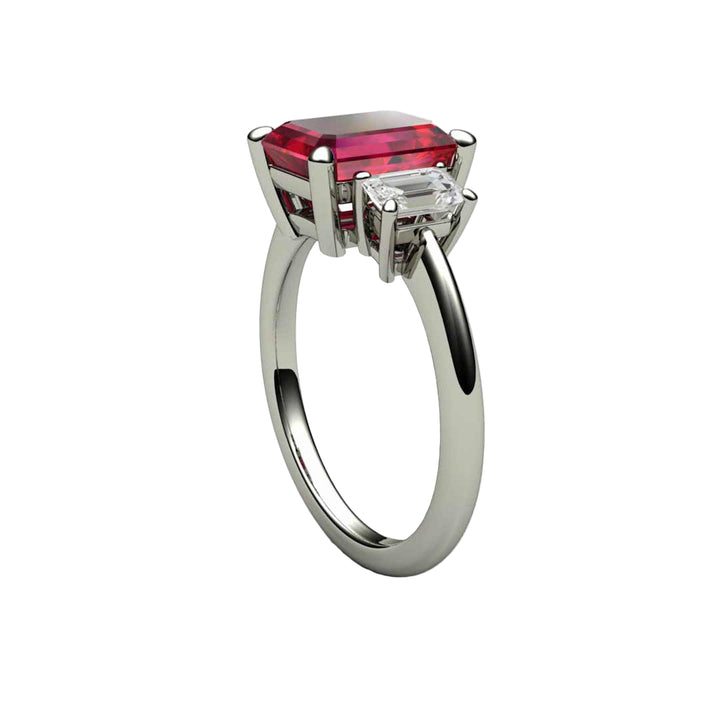 Gallery view of emerald Cut Ruby Engagement Ring | 3 Stone Ruby Ring with Lab Grown Diamond Accents |  Rare Earth Jewelry