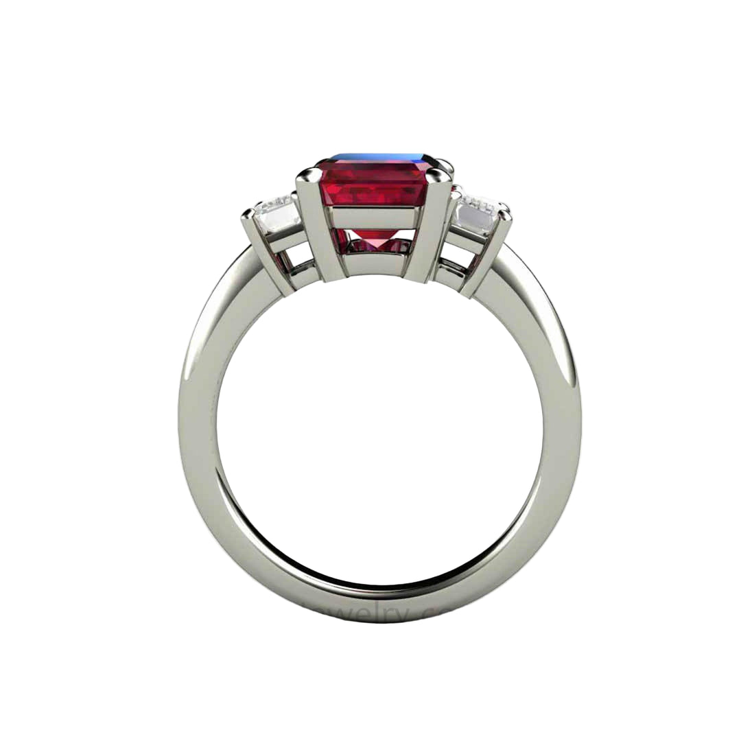 View thru the Ring, Emerald Cut Ruby Engagement Ring | 3 Stone Ruby Ring with Lab Grown Diamond Accents |  Rare Earth Jewelry