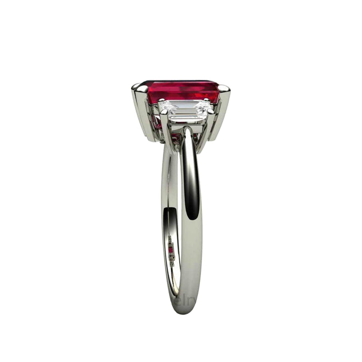 SIde View of Emerald Cut Ruby Engagement Ring | 3 Stone Ruby Ring with Lab Grown Diamond Accents |  Rare Earth Jewelry