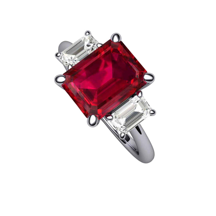 Emerald Cut Ruby Engagement Ring  in Platinum | 3 Stone Ruby Ring with Lab Grown Diamond Accents |  Rare Earth Jewelry