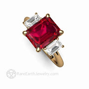 Emerald Cut Ruby Ring 3 Stone Ruby Engagement Ring with White Sapphire Accents 18K Yellow Gold - Rare Earth Jewelry