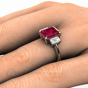 Emerald Cut Ruby Ring 3 Stone Ruby Engagement Ring with White Sapphire Accents 18K White Gold - Rare Earth Jewelry