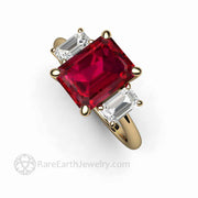 Emerald Cut Ruby Ring 3 Stone Ruby Engagement Ring with White Sapphire Accents 14K Yellow Gold - Rare Earth Jewelry