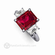 Emerald Cut Ruby Ring 3 Stone Ruby Engagement Ring with White Sapphire Accents Platinum - Rare Earth Jewelry
