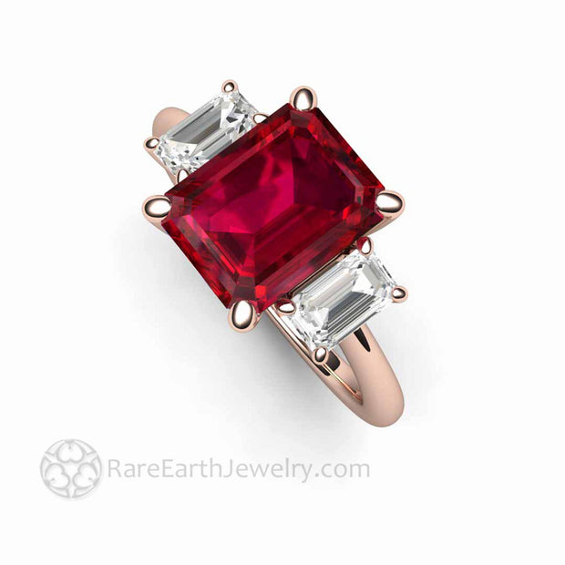 Emerald Cut Ruby Ring 3 Stone Ruby Engagement Ring with White Sapphire Accents 18K Rose Gold - Rare Earth Jewelry