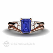 Emerald Cut Tanzanite Engagement Ring with Diamonds - 14K Rose Gold - Wedding Set - Blue - Cluster - December - Rare Earth Jewelry