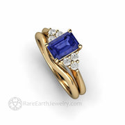 Emerald Cut Tanzanite Engagement Ring with Diamonds 14K Yellow Gold - Wedding Set - Rare Earth Jewelry