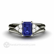 Emerald Cut Tanzanite Engagement Ring with Diamonds - Platinum - Wedding Set - Blue - Cluster - December - Rare Earth Jewelry