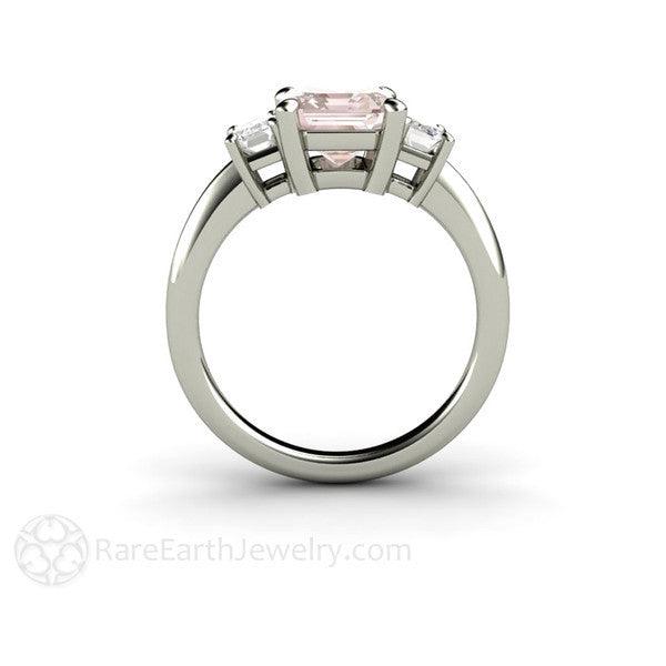 Emerald Cut Morganite Three Stone Engagement Ring with White Sapphires - Rare Earth Jewelry