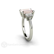 Emerald Cut Three Stone Morganite Engagement Ring with White Sapphires 18K White Gold - Rare Earth Jewelry
