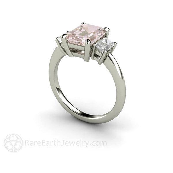 Emerald Cut Morganite Three Stone Engagement Ring with White Sapphires - Rare Earth Jewelry