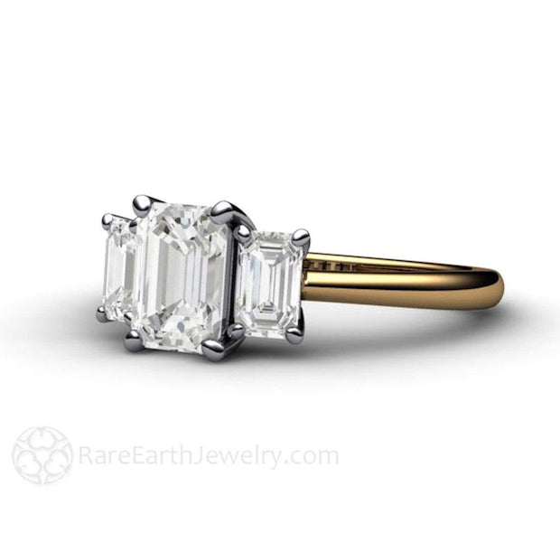 Emerald Cut Three Stone White Sapphire Engagement Ring 14K Yellow Gold/Platinum - Rare Earth Jewelry