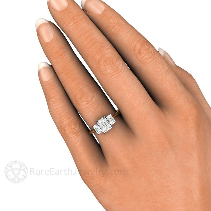 Natural White Sapphire Engagement Ring 3 Stone Emerald Cut - Rare Earth Jewelry