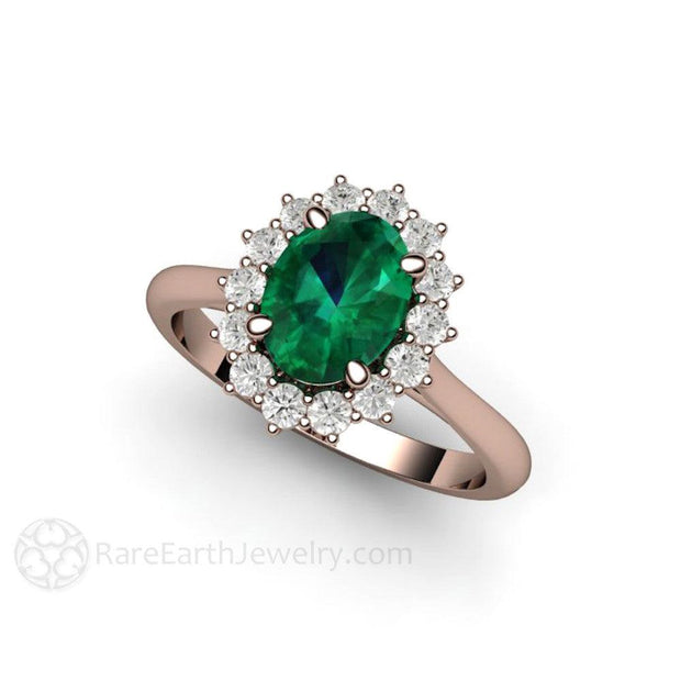 Emerald Engagement Ring Oval Diamond Halo Vintage Style 14K Rose Gold - Engagement Only - Rare Earth Jewelry