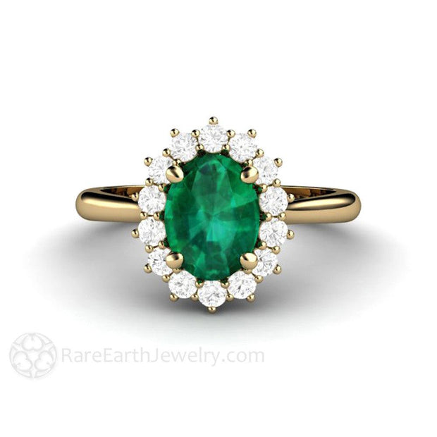 Emerald Engagement Ring Oval Diamond Halo Vintage Style 14K Yellow Gold - Engagement Only - Rare Earth Jewelry