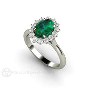 Emerald Engagement Ring Oval Diamond Halo Vintage Style 14K White Gold - Engagement Only - Rare Earth Jewelry