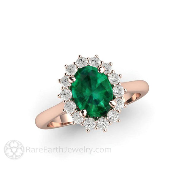 Emerald Engagement Ring Oval Diamond Halo Vintage Style 18K Rose Gold - Engagement Only - Rare Earth Jewelry