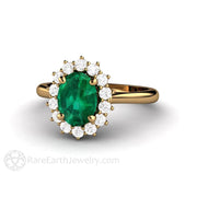 Emerald Engagement Ring Oval Diamond Halo Vintage Style 18K Yellow Gold - Engagement Only - Rare Earth Jewelry
