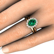 Emerald Engagement Ring Oval Diamond Halo Vintage Style 14K Yellow Gold - Wedding Set - Rare Earth Jewelry