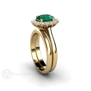 Emerald Engagement Ring Oval Diamond Halo Vintage Style 14K Yellow Gold - Wedding Set - Rare Earth Jewelry
