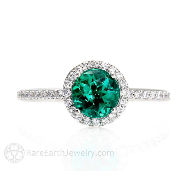 Emerald Engagement Ring with Diamond Halo 18K White Gold - Rare Earth Jewelry