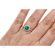 Emerald Engagement Ring with Diamond Halo 14K White Gold - Rare Earth Jewelry