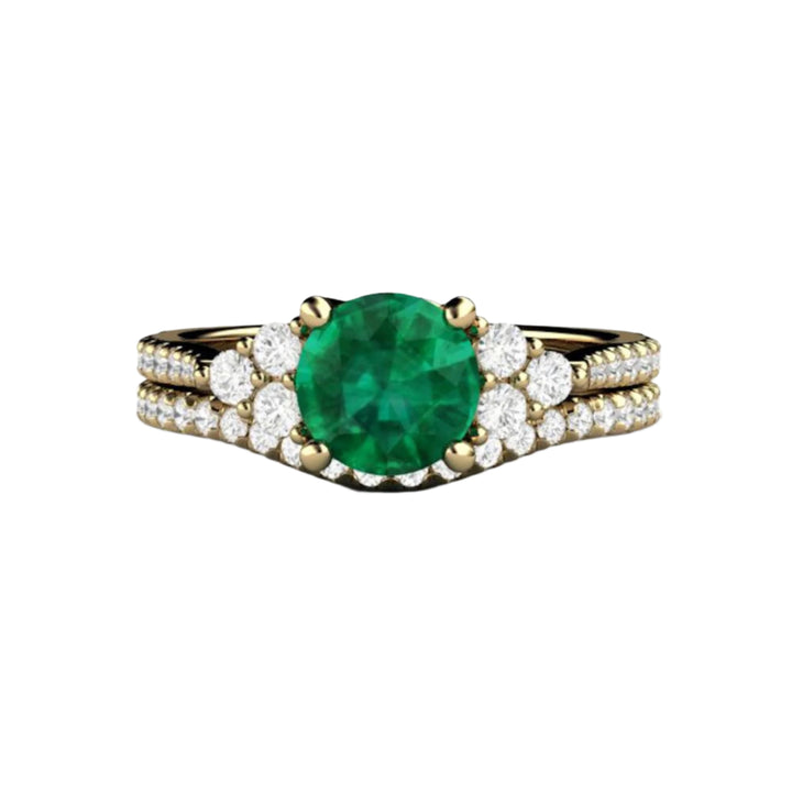 Round Emerald Engagement Ring and Matching Pave Diamond Wedding Band, French Pave Diamond Cluster Setting | Rare Earth Jewelry
