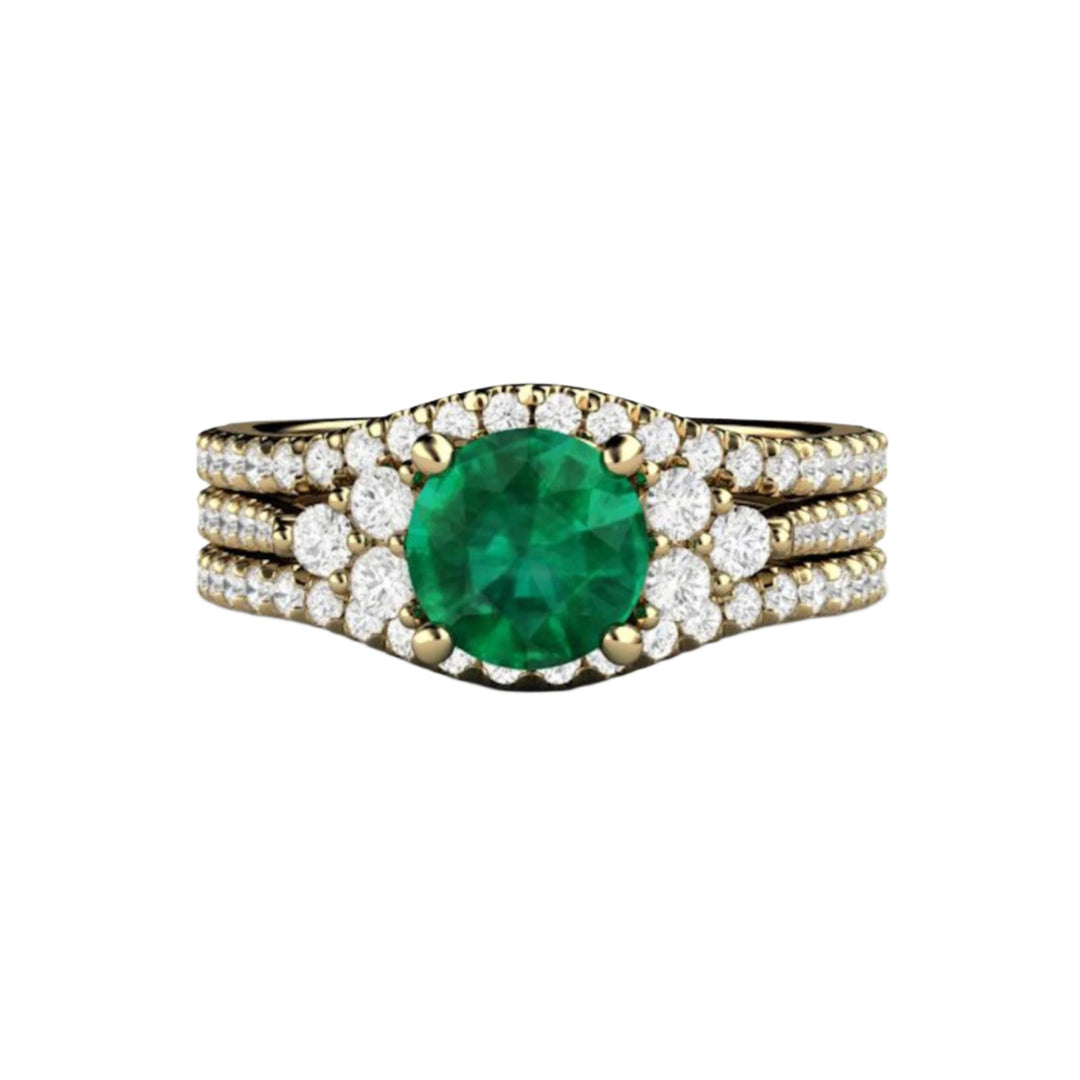 Round Emerald Engagement Ring Wedding Set with Two Wedding Bands, 
 French Pave Set Diamond Cluster Bridal Set | Rare Earth Jewelry
