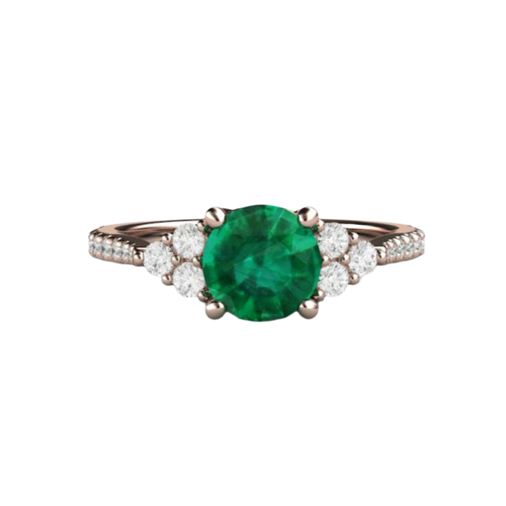 Round Emerald Engagement Ring with French Pave Set Diamond Accent in 18K Rose Gold | Rare Earth Jewelry