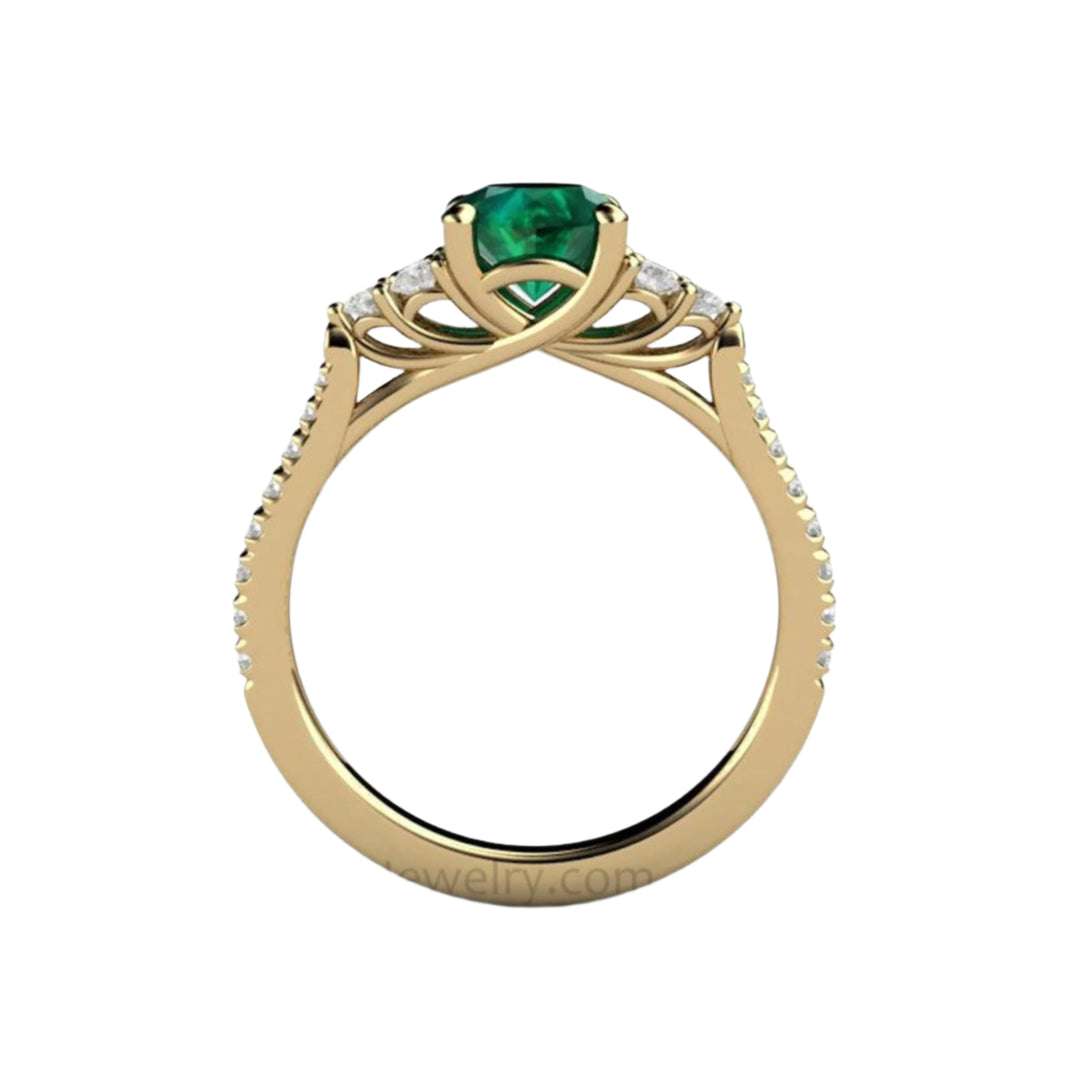 Round Emerald Engagement Ring,  French Pave Diamond Setting | Rare Earth Jewelry
