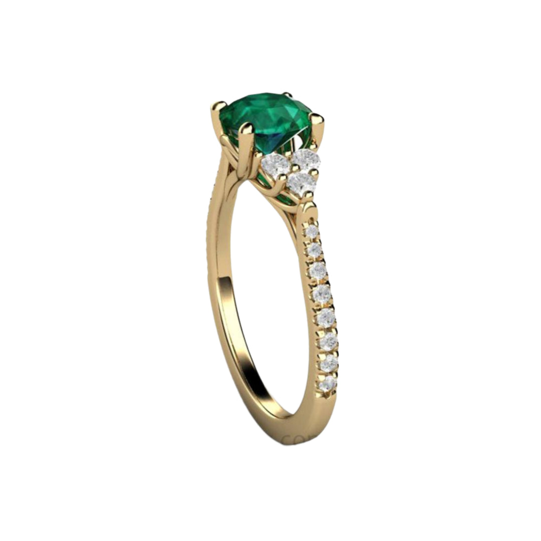 Round Emerald Engagement Ring,  French Pave Diamond Setting | Rare Earth Jewelry