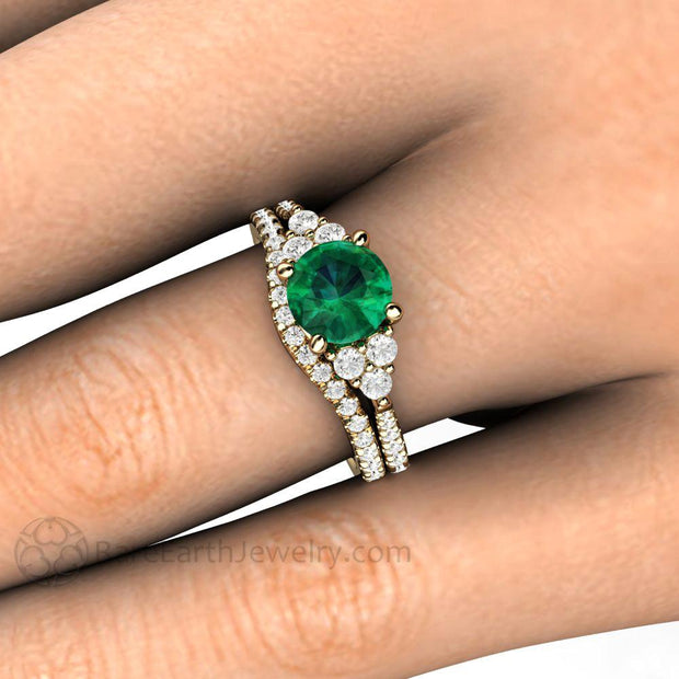 Emerald Engagement Ring with French Pave Diamonds May Birthstone 14K Yellow Gold - Wedding Set with One Band - Rare Earth Jewelry