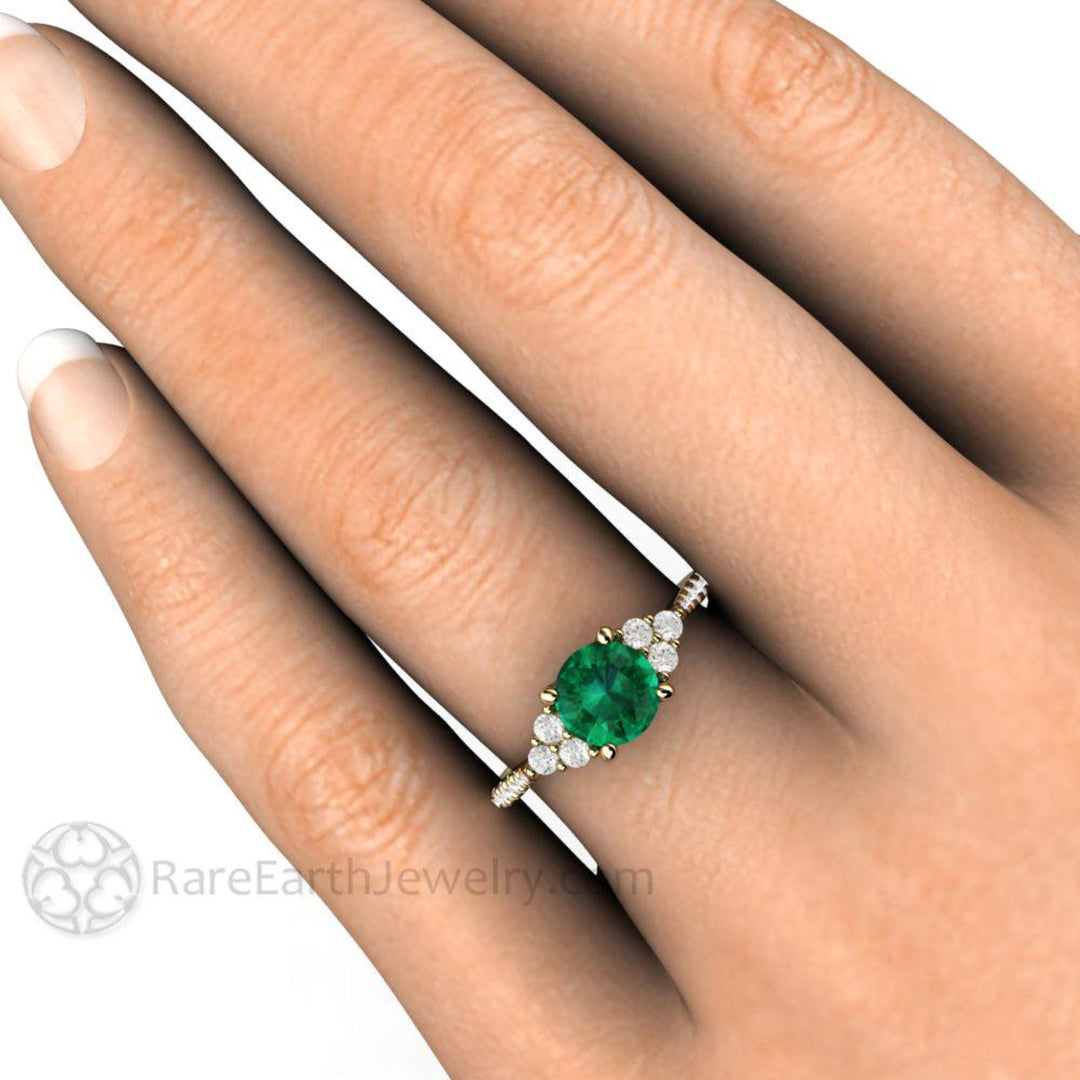 Round Emerald Engagement Ring,  French Pave Diamond Setting on the Hand | Rare Earth Jewelry