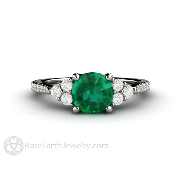 Emerald Engagement Ring with French Pave Diamonds May Birthstone 14K White Gold - Engagement Only - Rare Earth Jewelry
