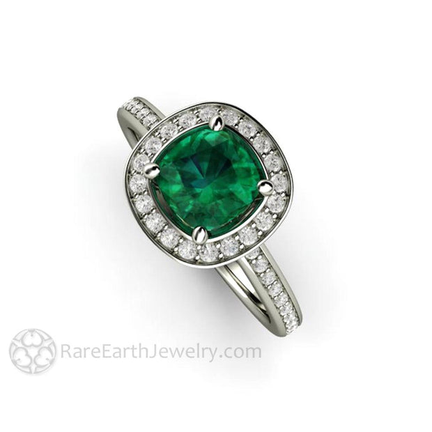 Emerald Halo Engagement Ring Cushion Cut with Diamond Accents 18K White Gold - Engagement Only - Rare Earth Jewelry