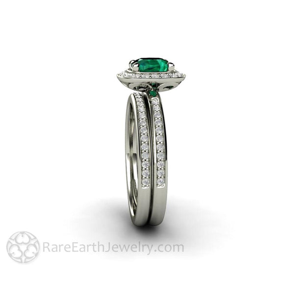 Emerald Halo Engagement Ring Cushion Cut with Diamond Accents 18K White Gold - Wedding Set - Rare Earth Jewelry