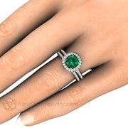 Emerald Halo Engagement Ring Cushion Cut with Diamond Accents 18K White Gold - Wedding Set - Rare Earth Jewelry