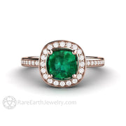 Emerald Halo Engagement Ring Cushion Cut with Diamond Accents 14K Rose Gold - Engagement Only - Rare Earth Jewelry