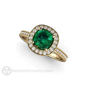 Emerald Halo Engagement Ring Cushion Cut with Diamond Accents 14K Yellow Gold - Engagement Only - Rare Earth Jewelry