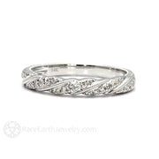 Engraved Diamond Wedding Band Art Deco Rope Twist Pattern 14K White Gold - Rare Earth Jewelry