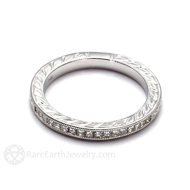 Engraved Princess Cut Diamond Wedding Ring Art Deco Milgrain 14K White Gold - Rare Earth Jewelry