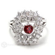 Filigree Art Deco Ruby Ring Vintage Style with Diamonds 14K White Gold - Rare Earth Jewelry