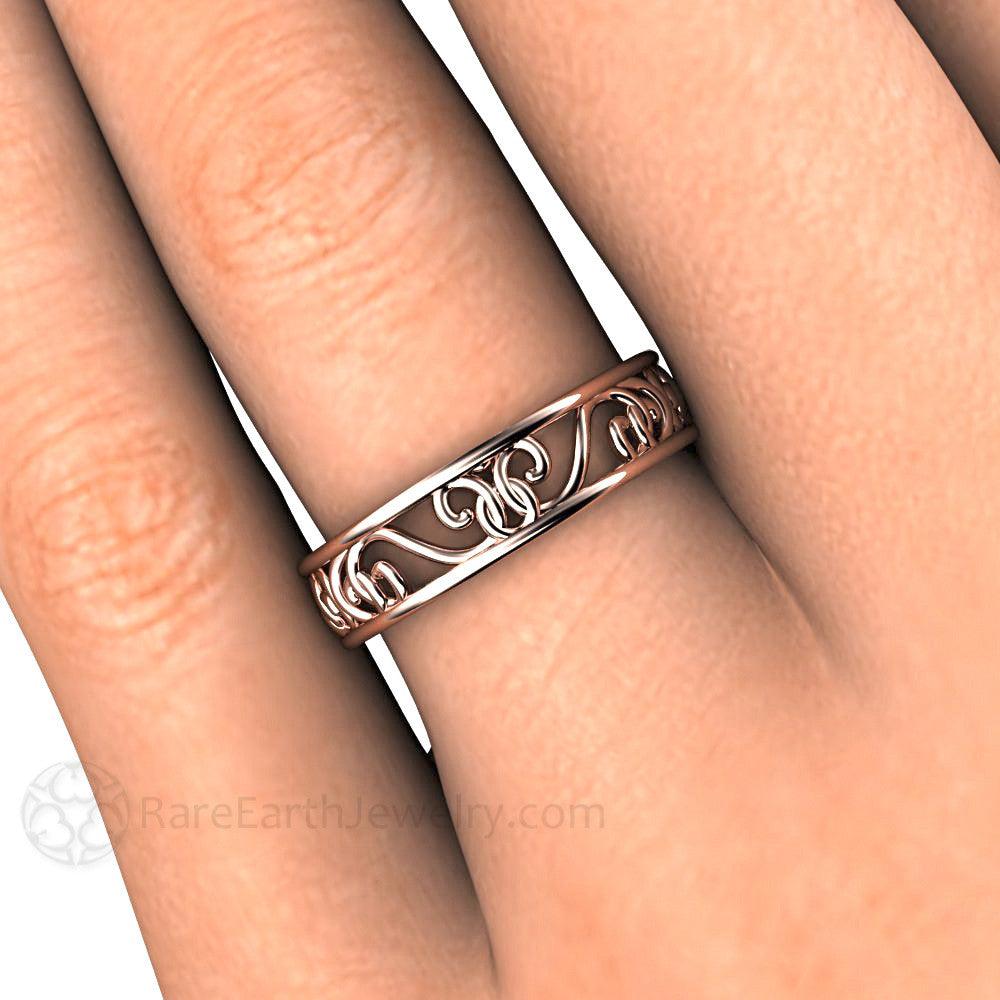 Filigree Wedding Band 5mm Gold or Platinum Vintage Style Wedding Ring - Rare Earth Jewelry