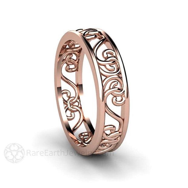 Filigree Wedding Band 5mm Gold or Platinum Vintage Style Wedding Ring Stackable 14K Rose Gold - Rare Earth Jewelry