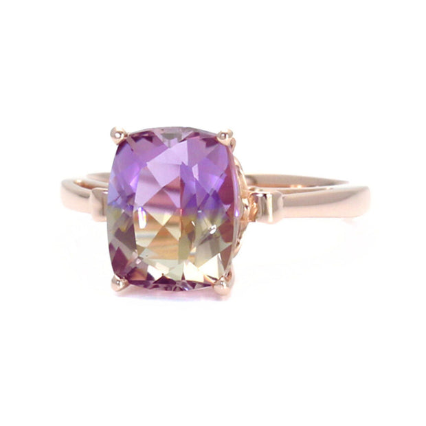 Fleur de Lis Ametrine Ring Cushion Cut Bi-Color Gemstone - 14K Rose Gold - Amethyst - Ametrine - Citrine - Rare Earth Jewelry