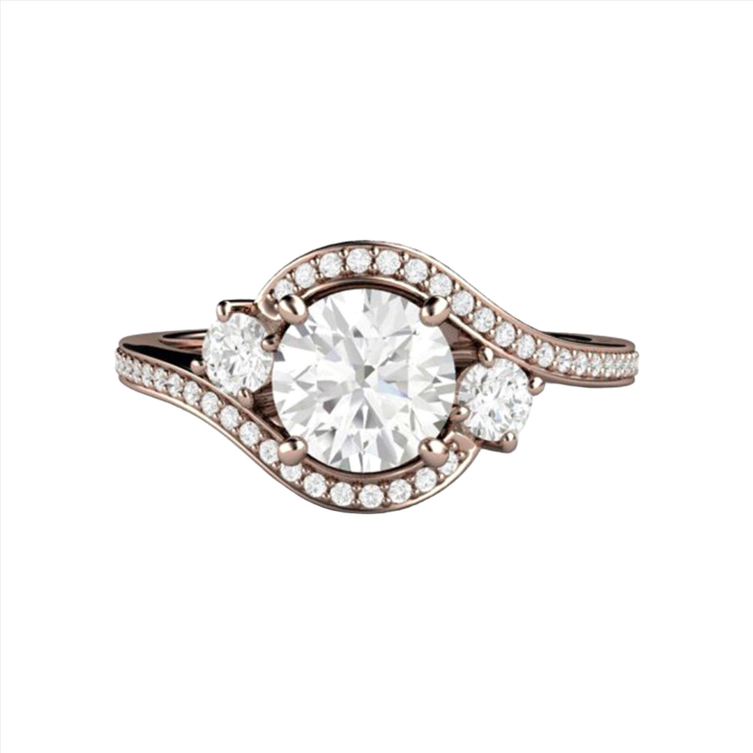 1ct Forever One Moissanite Engagement Ring, 3 Stone Design Bypass Style Halo in Gold or Platinum