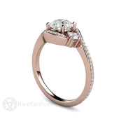 Forever One Moissanite Engagement Ring 3 Stone Bypass Halo with Split Shank 14K Rose Gold - Engagement Only - Rare Earth Jewelry