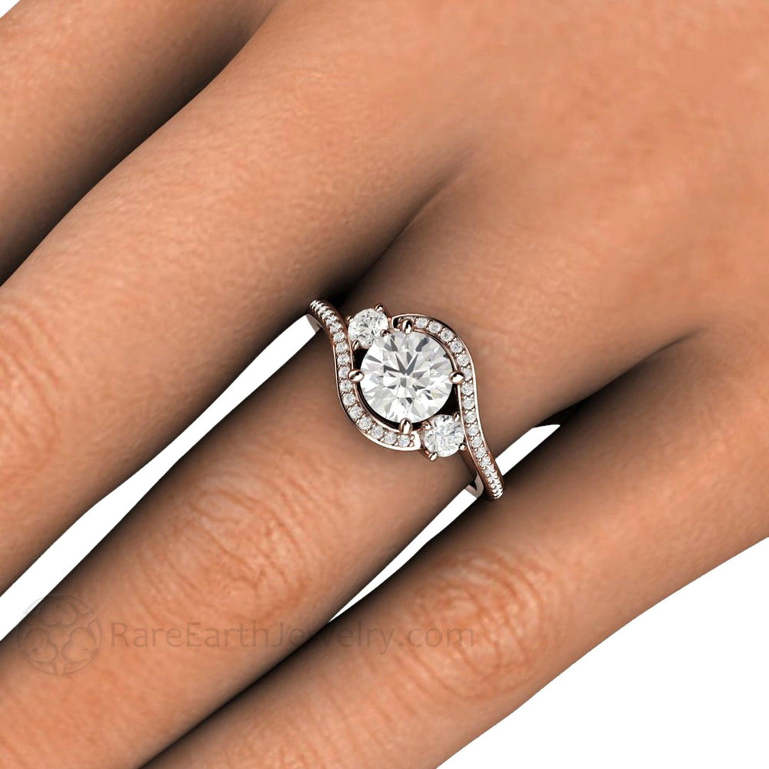 1ct Forever One Moissanite Engagement Ring 3 Stone Bypass Halo - Rare Earth Jewelry