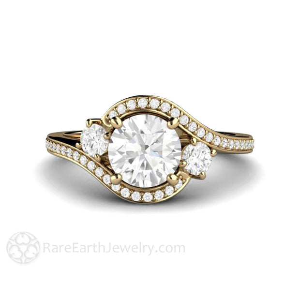 Forever One Moissanite Engagement Ring 3 Stone Bypass Halo with Split Shank 14K Yellow Gold - Engagement Only - Rare Earth Jewelry