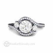 Forever One Moissanite Engagement Ring 3 Stone Bypass Halo with Split Shank Platinum - Engagement Only - Rare Earth Jewelry